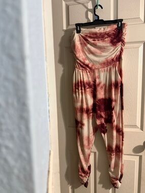 Strapless Tie-Dye Jumpsuit in Burgundy/Ivory